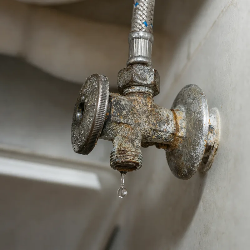 Corroded angle stop valve beneath a bathroom sink with mineral buildup and a slow drip