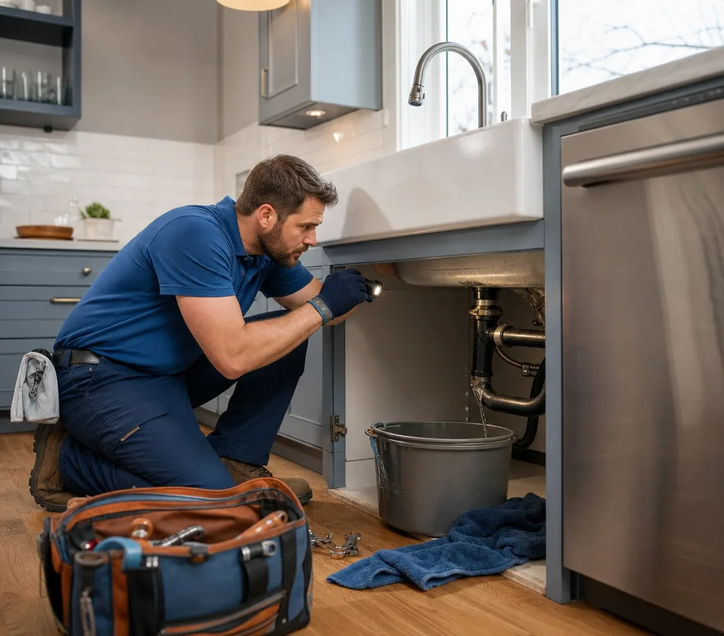 Plumber diagnosing an active leak beneath a kitchen sink with water contained nearby