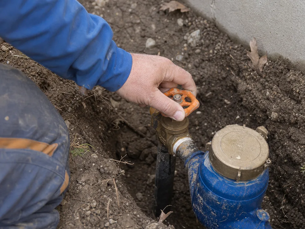 Hand turning a home's labeled main water shutoff valve near the meter