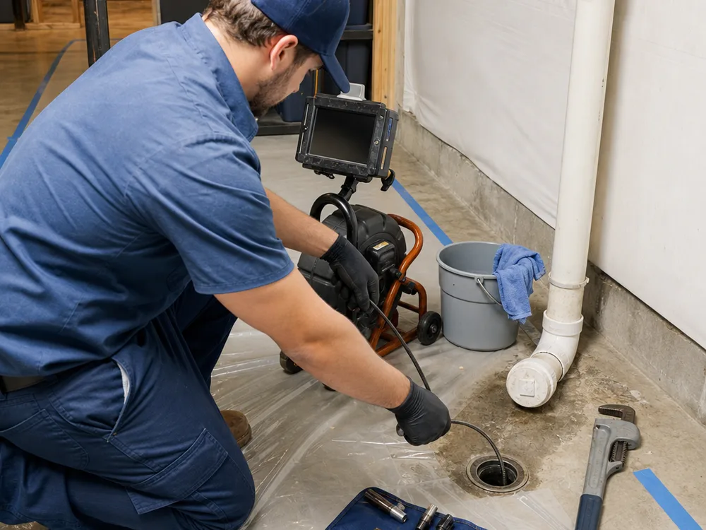 Basement floor drain and cleanout with tools staged to diagnose a backup