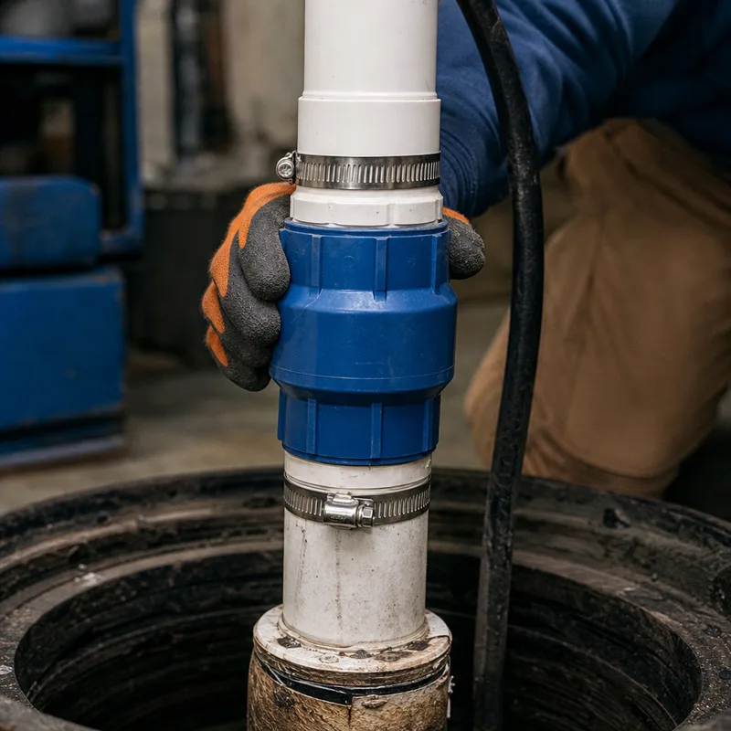 Close-up of a sump pump check valve and discharge connection with clamps and PVC fittings