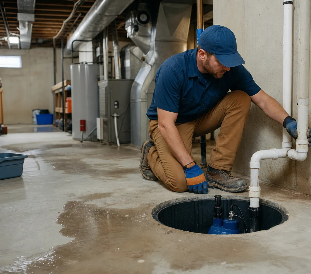 Plumber inspecting the discharge connection beside an open sump pit with minor standing water nearby