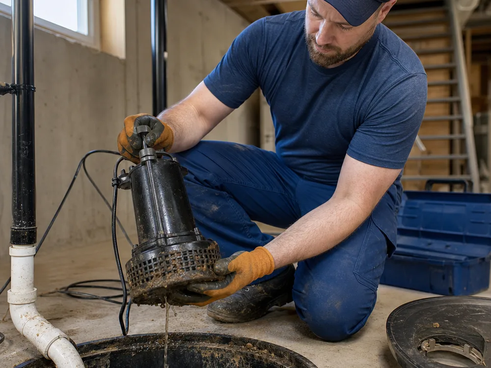 Plumber lifting a sump pump from its pit to inspect the intake screen and impeller area