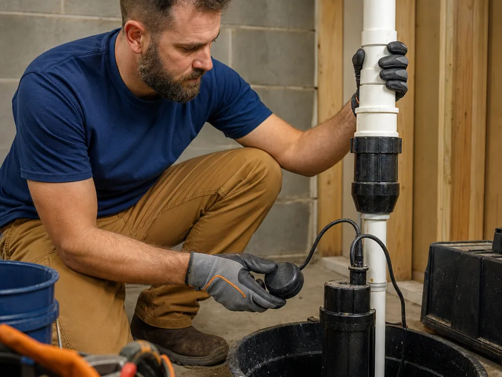 Plumber testing a sump pump float switch and checking the discharge pipe check valve