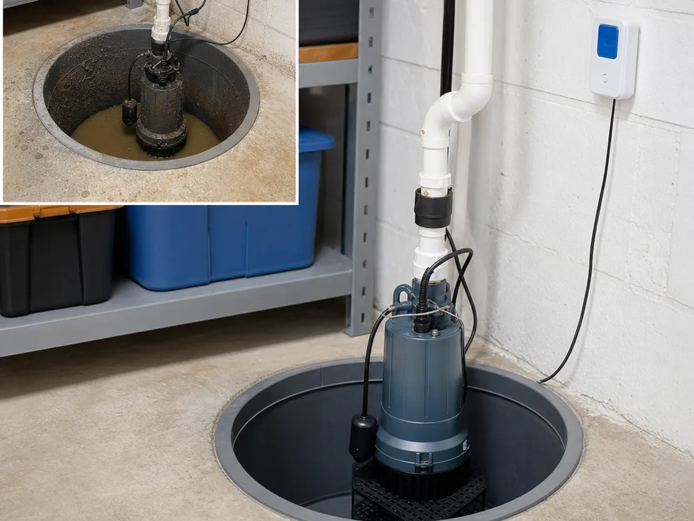 Clean sump pit with a correctly positioned pump, neat discharge piping, and a nearby water alarm sensor
