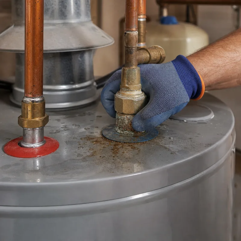 Top of a tank water heater showing hot and cold connections with corrosion around a fitting