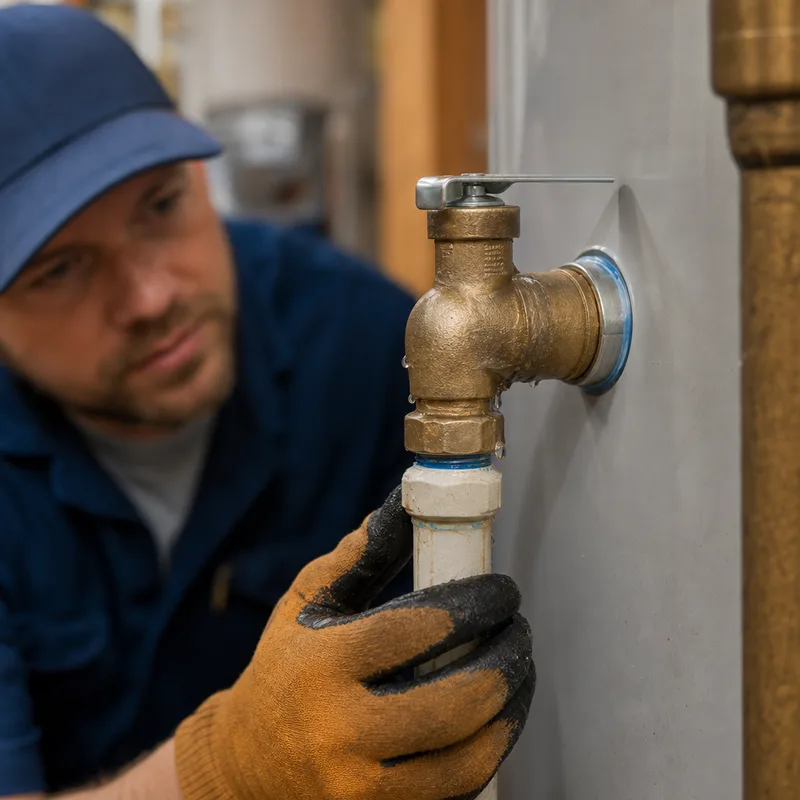 Close-up of a water heater temperature and pressure relief valve with its discharge pipe