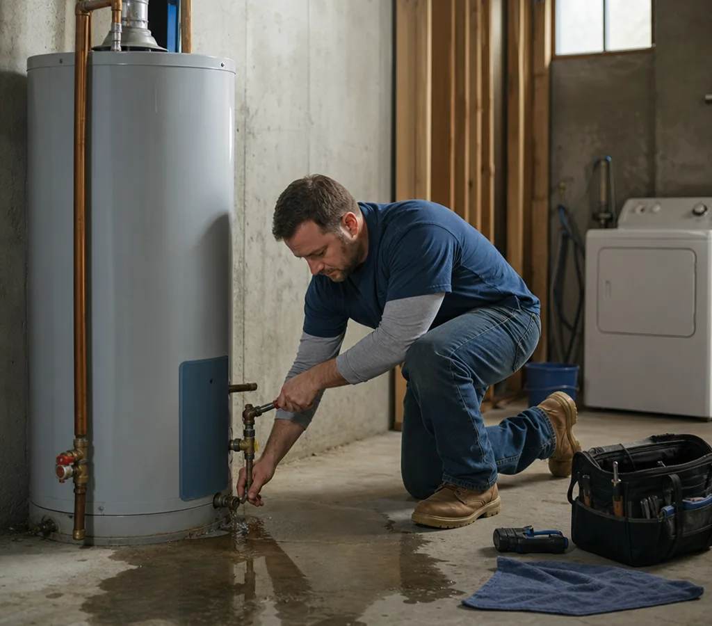 Residential water heater with a small amount of water pooled near its base in a basement utility area