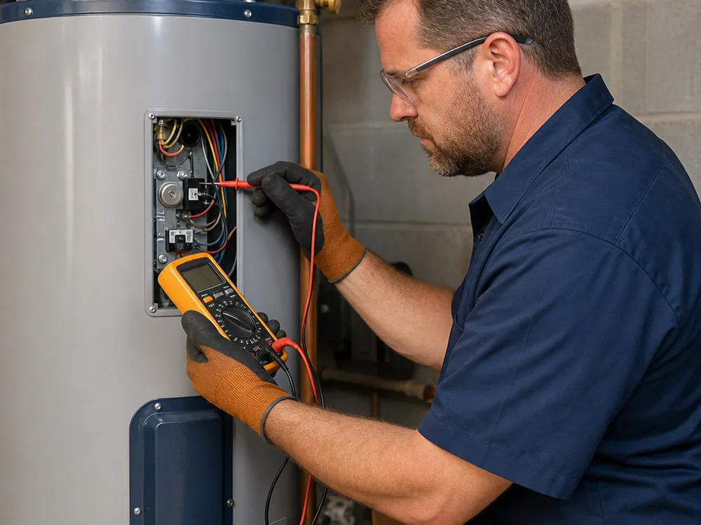 Plumber using a multimeter at an electric water heater access panel