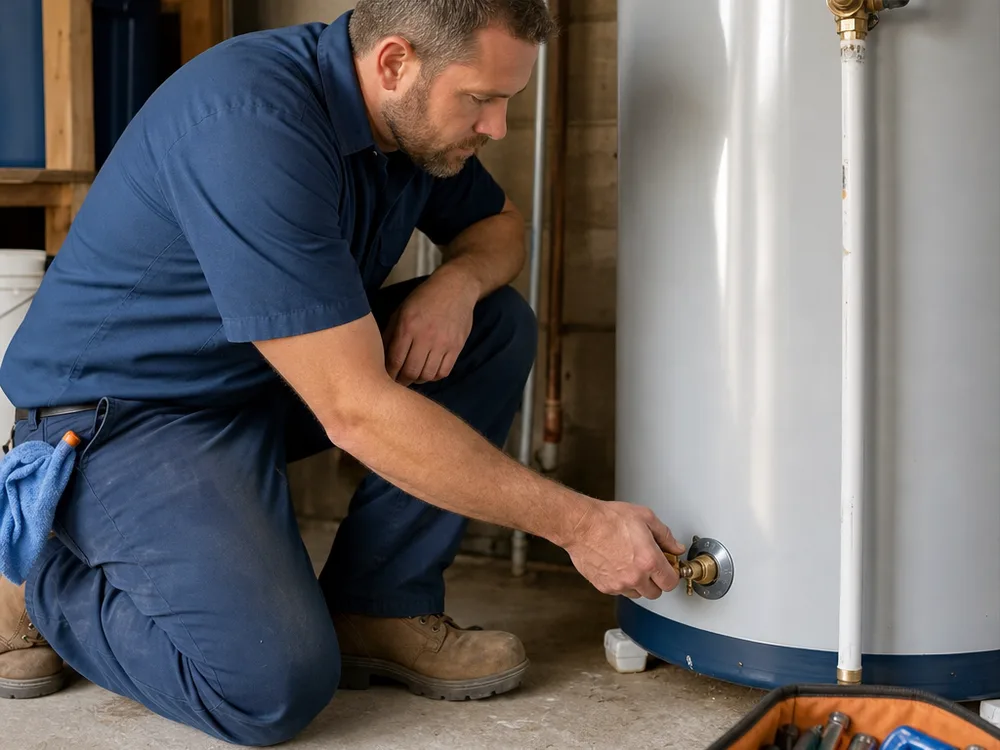 Plumber checking a water heater shutoff valve and inspecting the temperature and pressure relief valve discharge line