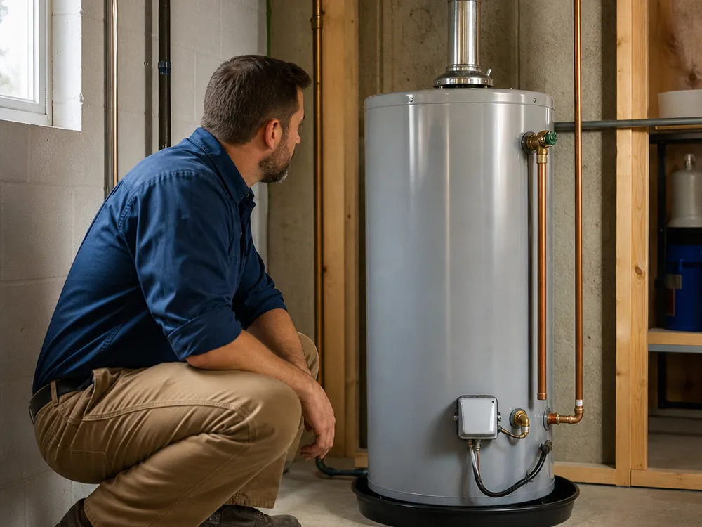 Neatly installed replacement tank-style water heater with properly routed connections and a drain pan