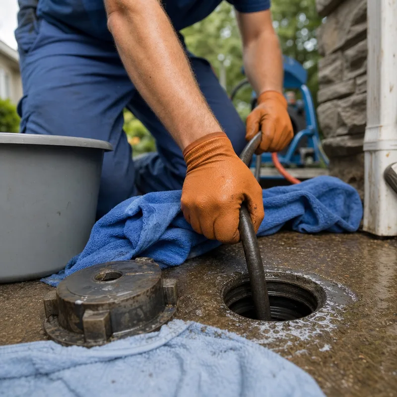 Plumber feeding a jetting hose into a residential sewer cleanout near a foundation wall
