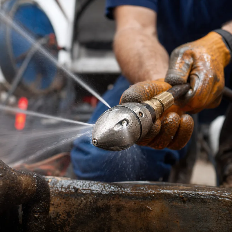 Close-up of a hydro jetting nozzle entering a drain cleanout with water pressure visible at the nozzle