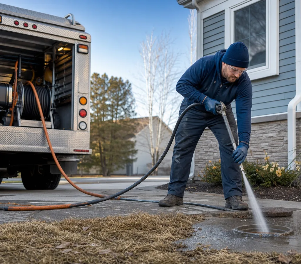 Plumber using a high-pressure hydro jetting hose at a residential cleanout to clear a blocked drain line