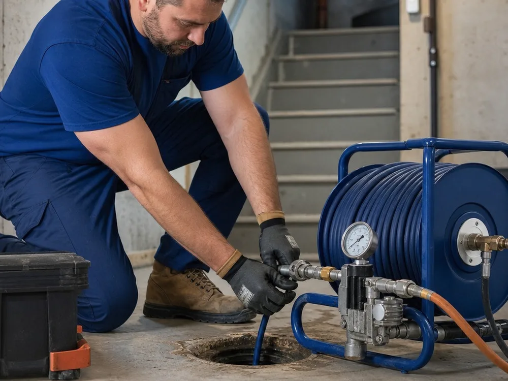 Plumber setting up a hydro jetter with a hose reel and nozzle at a residential drain cleanout
