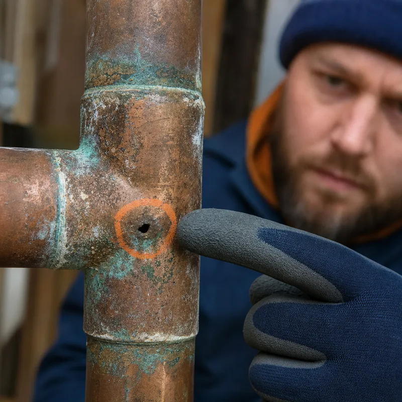 Close-up of a corroded copper pipe with a pinhole leak and mineral staining before repair