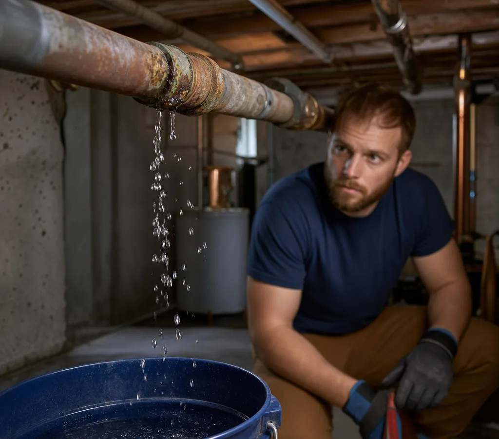 Plumber working beneath a residential sink with a leaking supply line, towels, and a bucket in place