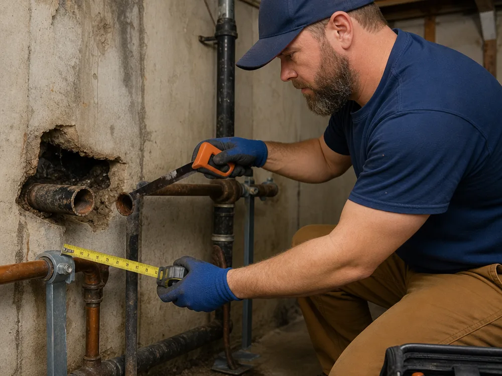 Plumber cutting out a damaged pipe section and preparing the ends for a replacement coupling in a basement ceiling