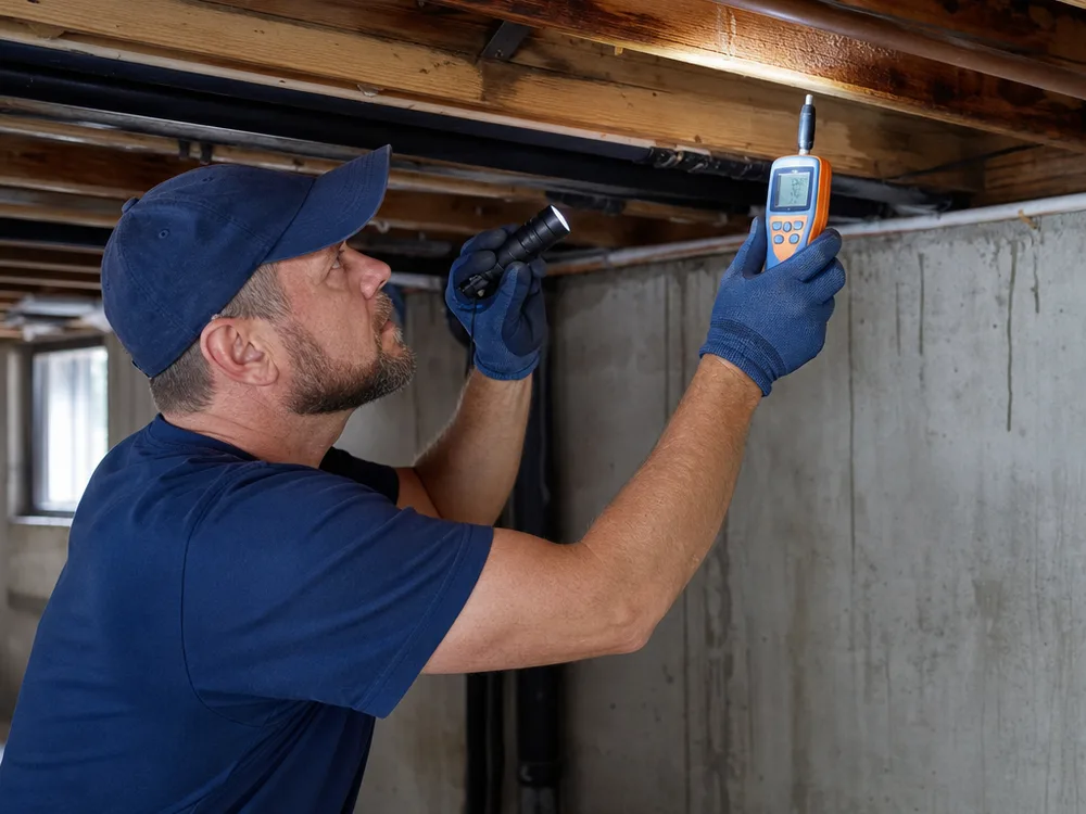Plumber using a flashlight and moisture meter to trace a leak along a basement pipe near a shutoff valve
