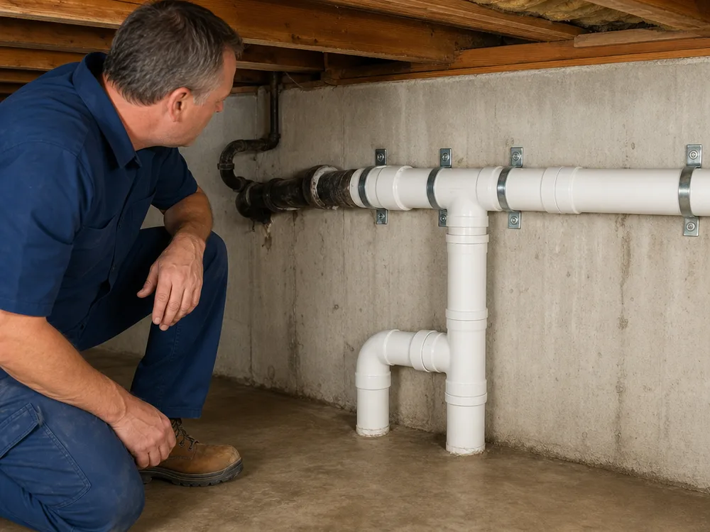 Neatly supported replacement water line with proper pipe hangers and an accessible shutoff valve