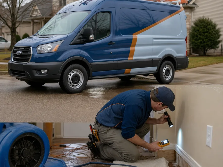 Plumber tracing a hidden leak path with a flashlight and moisture meter near a baseboard